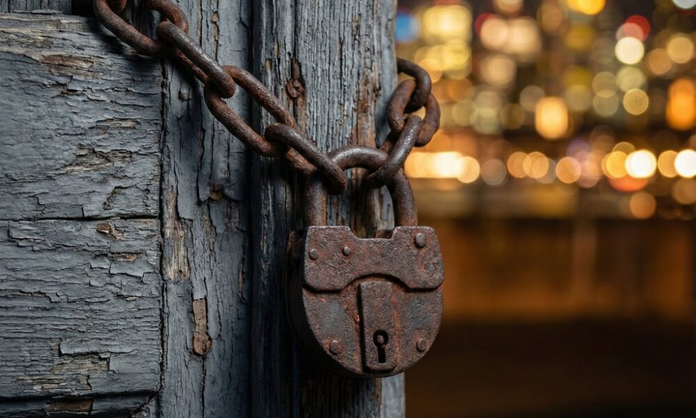A heavy rusted padlock on a weathered wooden door in a dusty urban setting.Featured Image Description: A cinematic 1:1 macro photograph in conceptual realism. A massive, heavily rusted iron padlock hangs from a thick metal chain on a weathered, gray wooden door. The wood is cracked and peeling, showing years of neglect. In the background, out of focus, the vibrant golden glow of a modern city at night suggests the world moving forward while this door stays shut. The lighting is focused on the texture of the rust and the peeling wood. No people or hands are visible.Featured Image Title: The Cost of Stagnation
