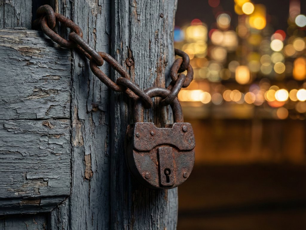 A heavy rusted padlock on a weathered wooden door in a dusty urban setting.Featured Image Description: A cinematic 1:1 macro photograph in conceptual realism. A massive, heavily rusted iron padlock hangs from a thick metal chain on a weathered, gray wooden door. The wood is cracked and peeling, showing years of neglect. In the background, out of focus, the vibrant golden glow of a modern city at night suggests the world moving forward while this door stays shut. The lighting is focused on the texture of the rust and the peeling wood. No people or hands are visible.Featured Image Title: The Cost of Stagnation