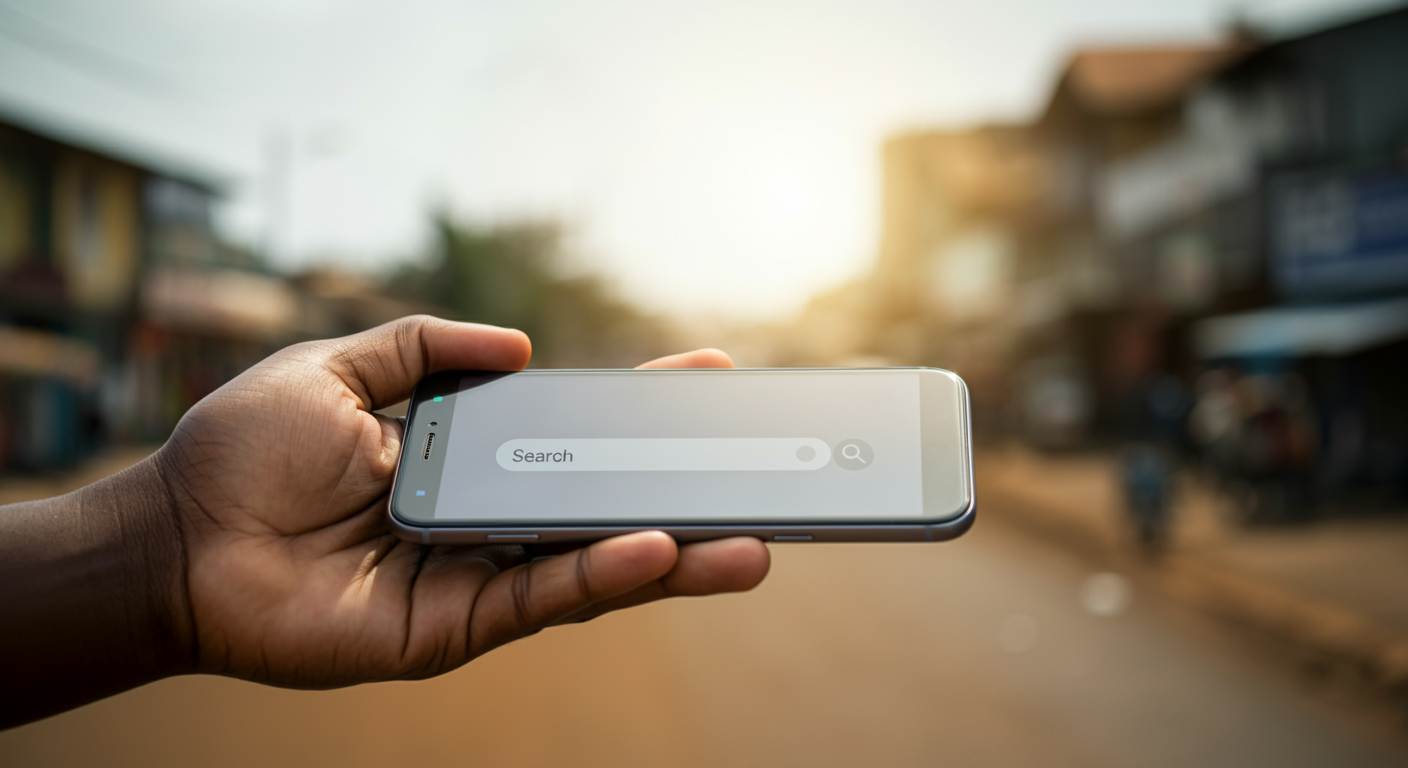 A close up of a hand holding a smartphone showing search intent data results.
