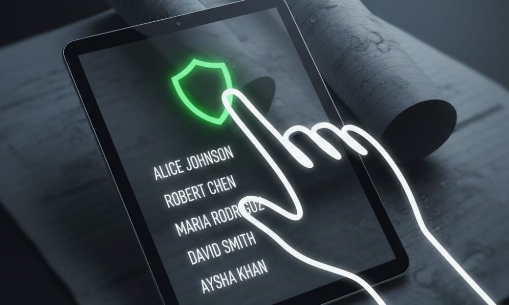 Abstract hand with white bolder line pointing to a secure digital data screen.Featured Image Description: An abstract hand with a white bolder line interacts with a glowing digital shield representing secure client data storage, while a tattered notebook sits in the background.Featured Image Title: Secure Digital Data Storage vs Paper Records