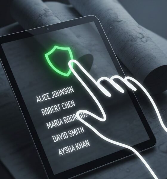 Abstract hand with white bolder line pointing to a secure digital data screen.Featured Image Description: An abstract hand with a white bolder line interacts with a glowing digital shield representing secure client data storage, while a tattered notebook sits in the background.Featured Image Title: Secure Digital Data Storage vs Paper Records