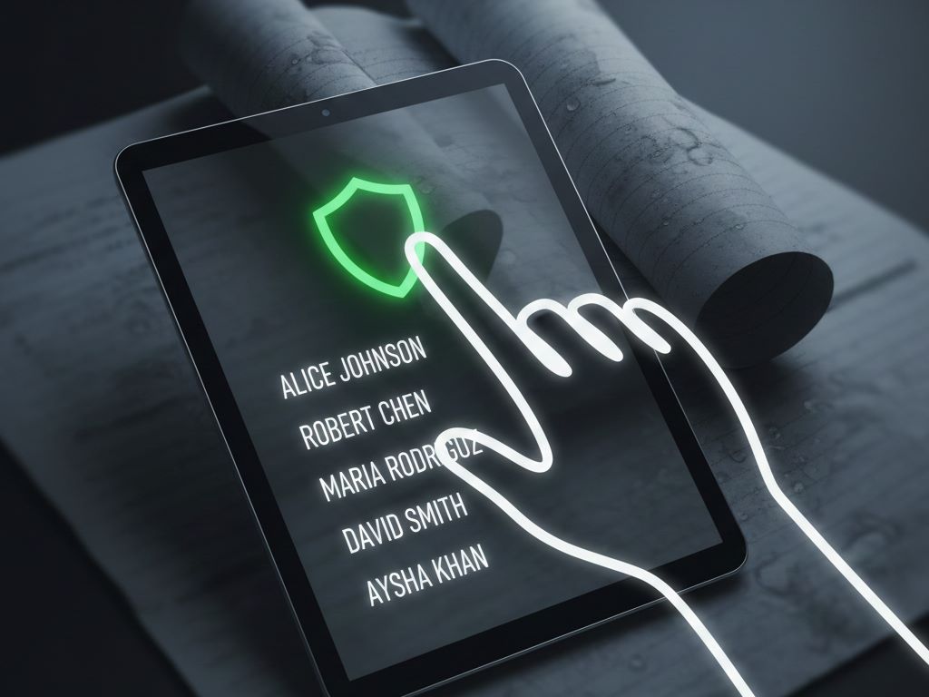 Abstract hand with white bolder line pointing to a secure digital data screen.Featured Image Description: An abstract hand with a white bolder line interacts with a glowing digital shield representing secure client data storage, while a tattered notebook sits in the background.Featured Image Title: Secure Digital Data Storage vs Paper Records
