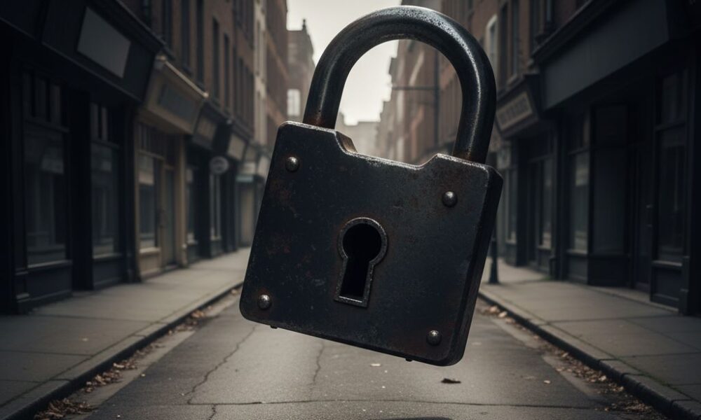 A single, large, dark, metallic padlock hanging heavily, casting a long shadow over a silent, deserted street.Featured Image Description: A very large, old, dark metallic padlock hangs heavily in the foreground. It symbolizes the "no reviews" problem, locking a business away from customers. The padlock casts a long, foreboding shadow across a quiet, empty street with generic shopfronts in the background, representing a local business without customer engagement. The lighting is dim, reflecting a state of neglect.Featured Image Title: The Lock of No Reviews