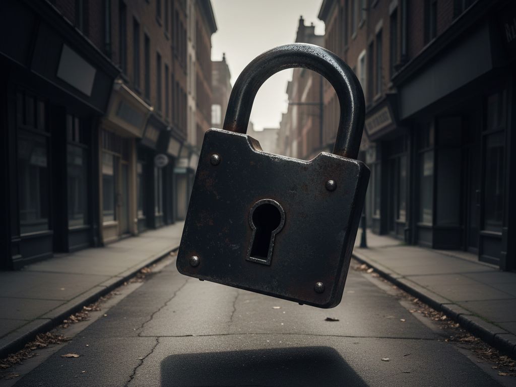 A single, large, dark, metallic padlock hanging heavily, casting a long shadow over a silent, deserted street.Featured Image Description: A very large, old, dark metallic padlock hangs heavily in the foreground. It symbolizes the "no reviews" problem, locking a business away from customers. The padlock casts a long, foreboding shadow across a quiet, empty street with generic shopfronts in the background, representing a local business without customer engagement. The lighting is dim, reflecting a state of neglect.Featured Image Title: The Lock of No Reviews