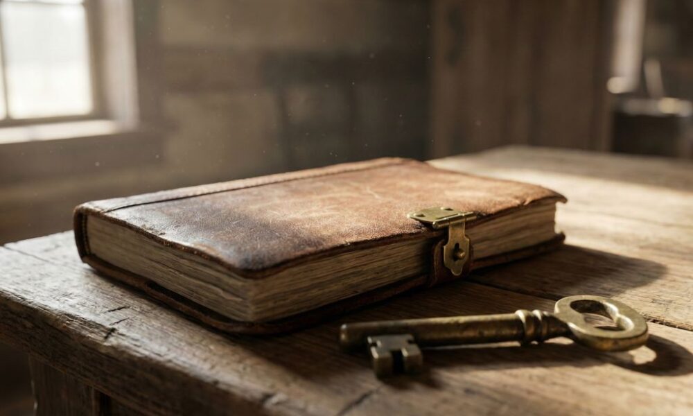 A vintage leather ledger and a brass key on a wooden table.
Featured Image Description: A realistic, cinematic photograph of a dusty, vintage leather-bound ledger sitting on a heavy wooden table. A single, old-fashioned brass key rests beside it. Soft, natural sunlight streams through a window, illuminating the textures of the paper and the grain of the wood. The background is a soft-focus view of a quiet, sun-drenched room. Minimalist and editorial.
Featured Image Title: The Ledger of Data Ownership