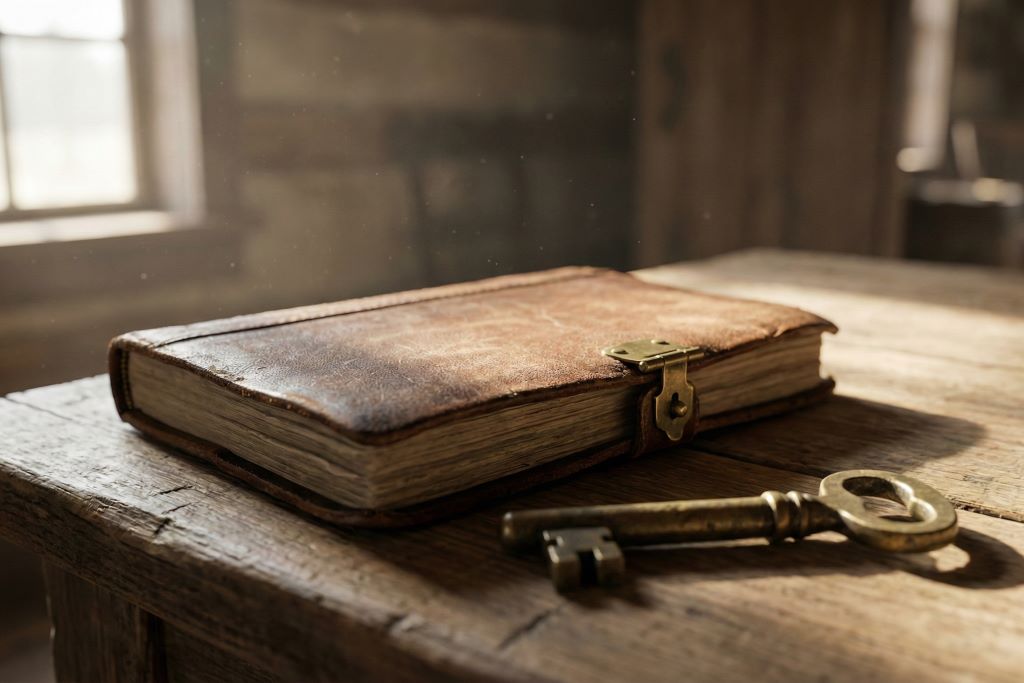 A vintage leather ledger and a brass key on a wooden table.
Featured Image Description: A realistic, cinematic photograph of a dusty, vintage leather-bound ledger sitting on a heavy wooden table. A single, old-fashioned brass key rests beside it. Soft, natural sunlight streams through a window, illuminating the textures of the paper and the grain of the wood. The background is a soft-focus view of a quiet, sun-drenched room. Minimalist and editorial.
Featured Image Title: The Ledger of Data Ownership