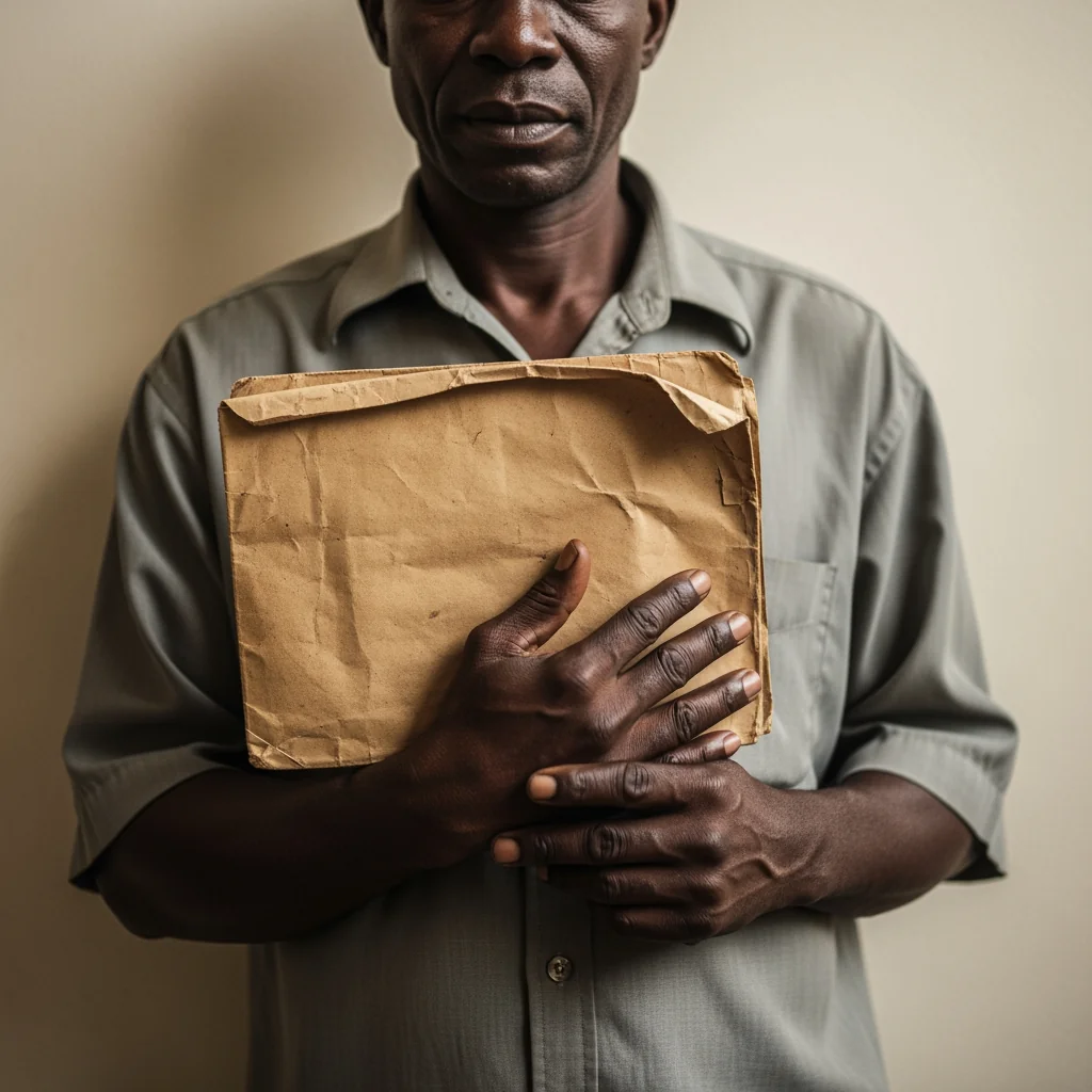 A patient messenger leaning against a wall holding a thick brown envelope, representing the bureaucratic wait for The Pensioner Who Slept at the Gate.