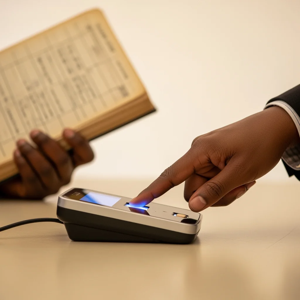 A close-up of a teacher's thumb on a biometric scanner, transitioning from manual ledgers to eliminate Ghost Workers in the Primary School.
