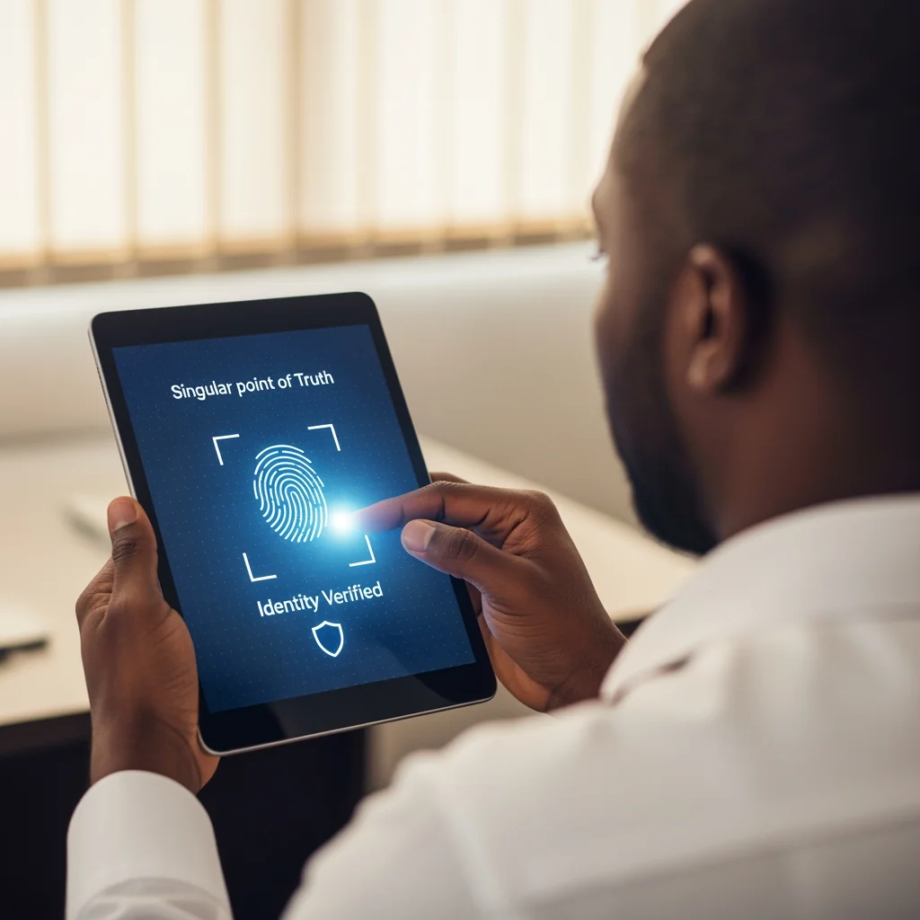 A close-up of a digital tablet showing a biometric fingerprint scan, illustrating the Use of NIN to Trace and centralize identity data for national security.