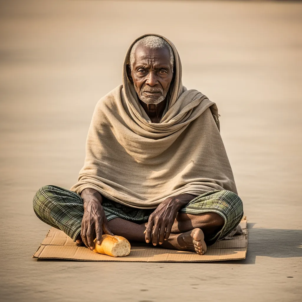 A solitary elderly man sitting on cardboard on a concrete floor, representing the endurance of The Pensioner Who Slept at the Gate.