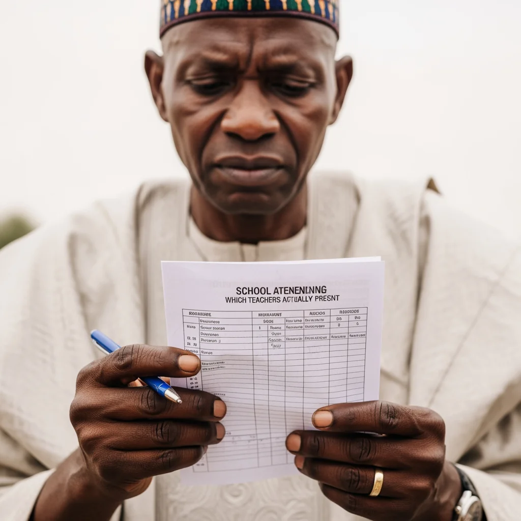 A Nigerian village elder auditing a school attendance book to identify ghost workers in the primary school through community oversight.