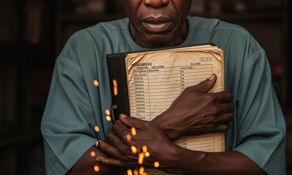 A concerned Nigerian shop owner holding a business ledger near a glowing spark, illustrating the risk of The Market Fire and the Silent Alarm.