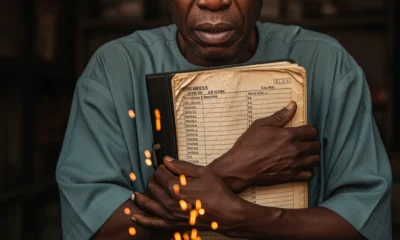 A concerned Nigerian shop owner holding a business ledger near a glowing spark, illustrating the risk of The Market Fire and the Silent Alarm.