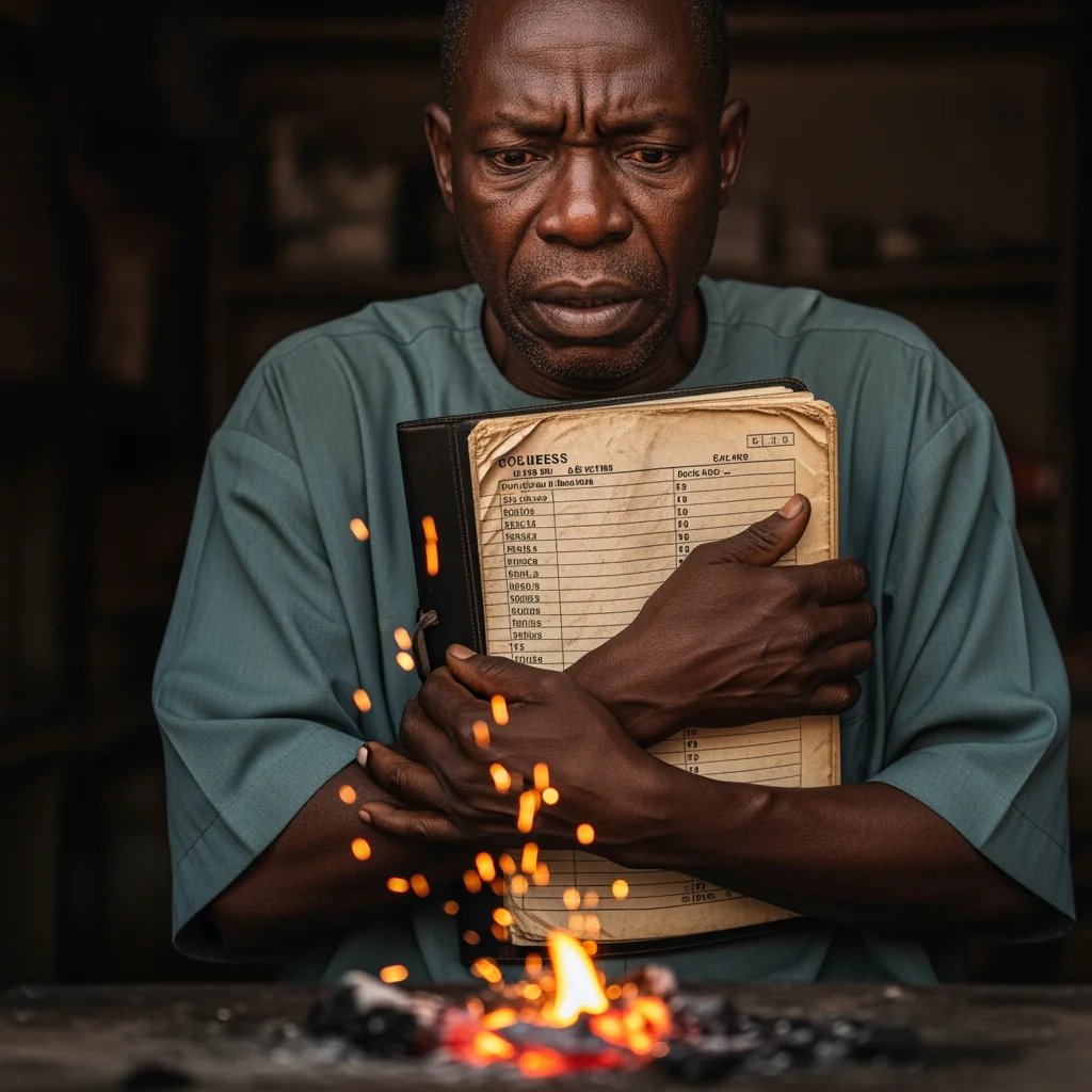 A concerned Nigerian shop owner holding a business ledger near a glowing spark, illustrating the risk of The Market Fire and the Silent Alarm.