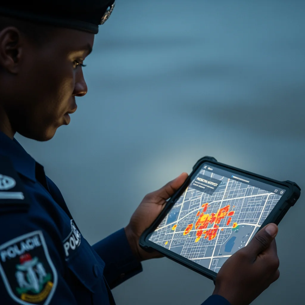 A Nigerian police officer analyzing a heatmap on a tablet to see how Digital Maps Help Police predict crime patterns in specific neighborhoods.