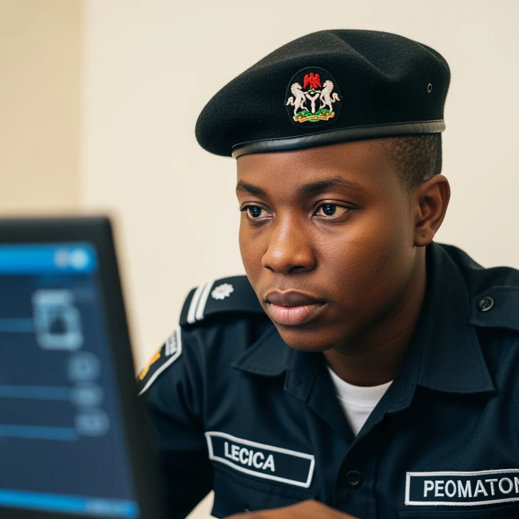 A Nigerian security officer intently analyzing a digital screen to prevent human error while protecting state secrets.