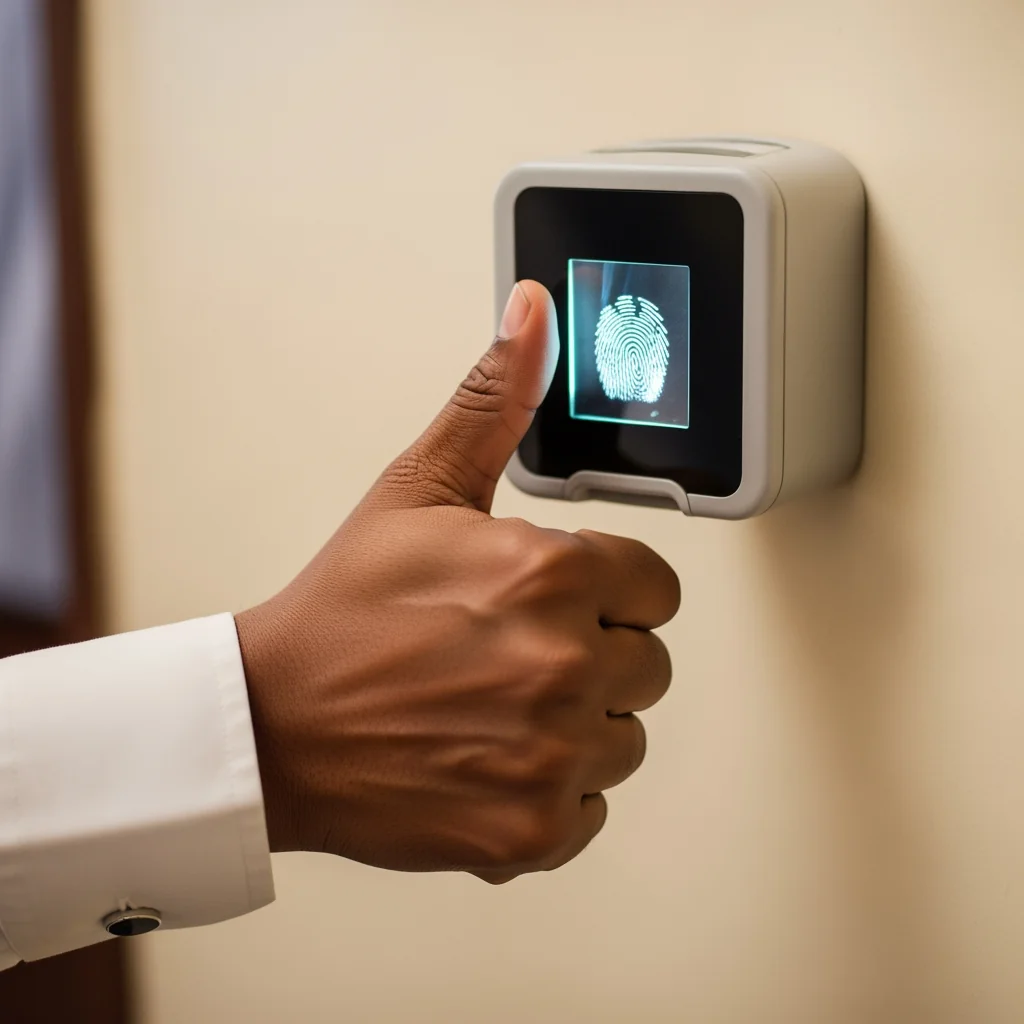A close-up of a Nigerian worker's thumb being scanned by a biometric device, symbolizing the end of the era for The Civil Servant with Ten Names.