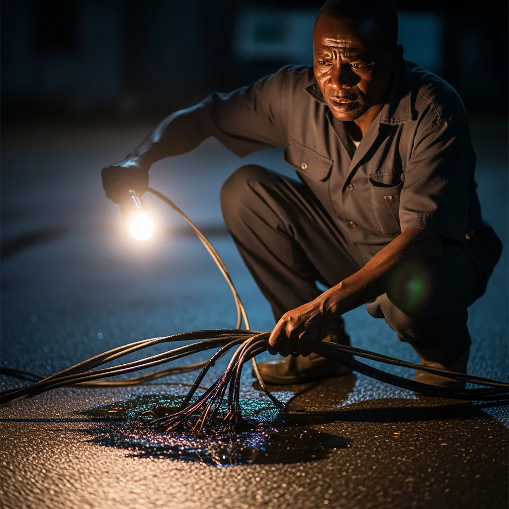 A Nigerian electrician inspecting charred cables with a torchlight after the moment When the Transformer Blew in July.