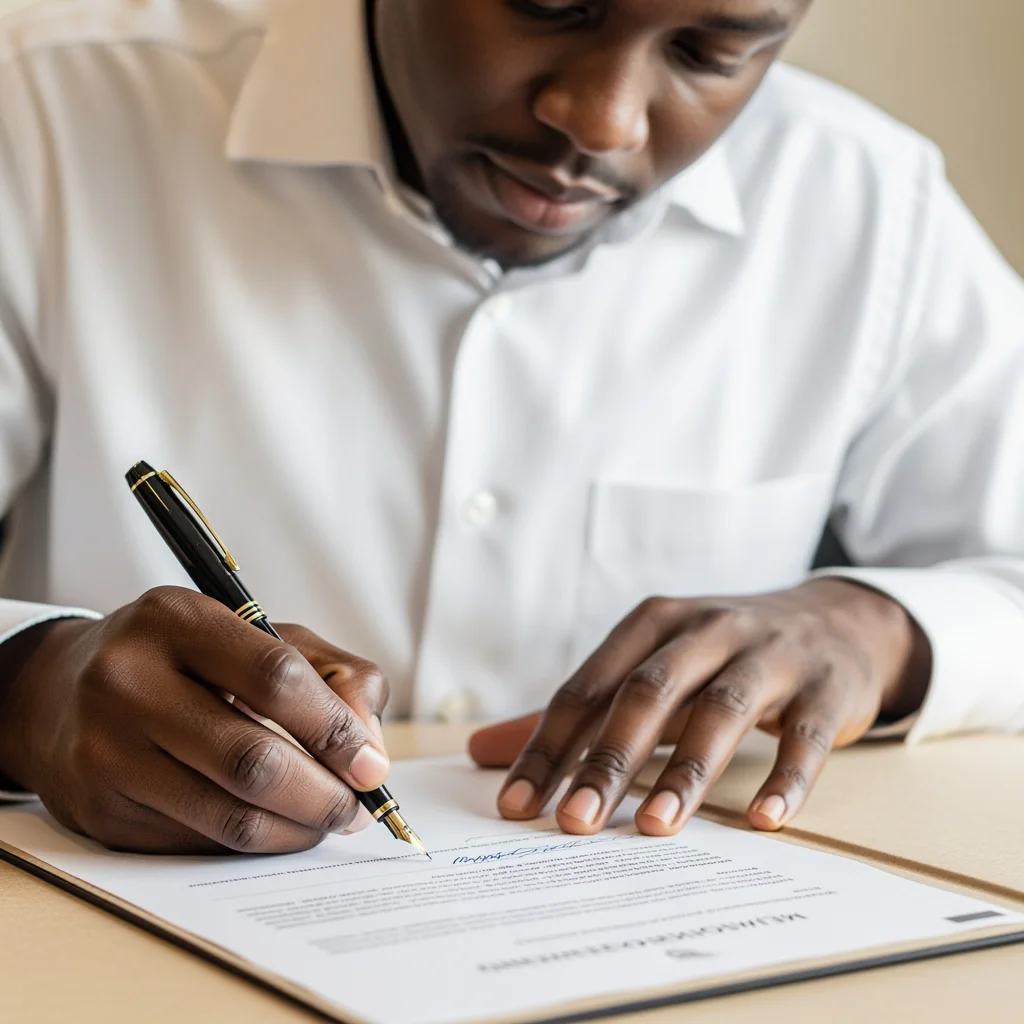 A professional signing a formal business contract to ensure security while Avoiding Pit Snare of Law.