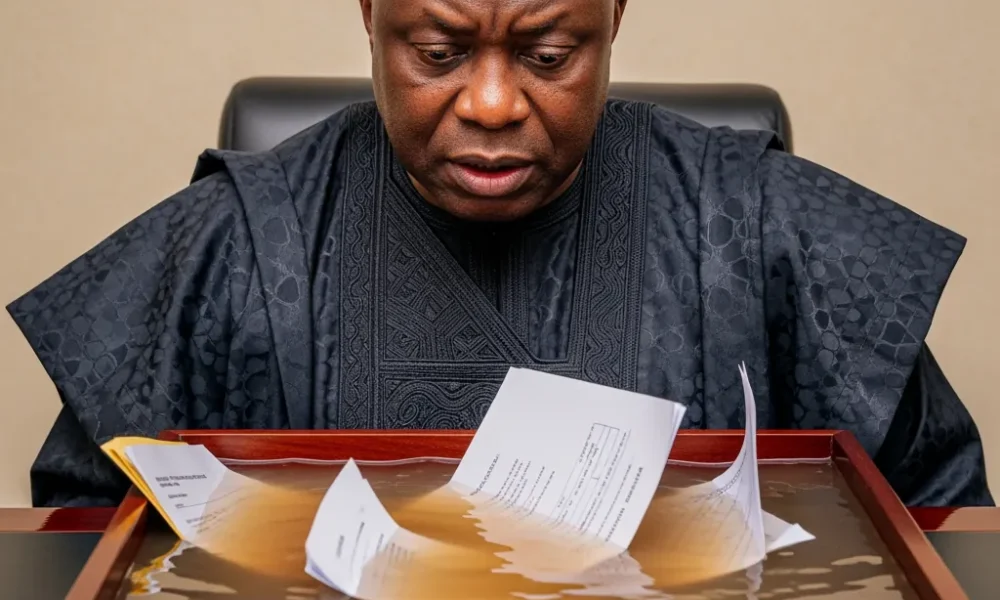 A close-up of a Nigerian official looking at Flood Water in the Governor’s Inbox as official documents float in murky water on his desk.