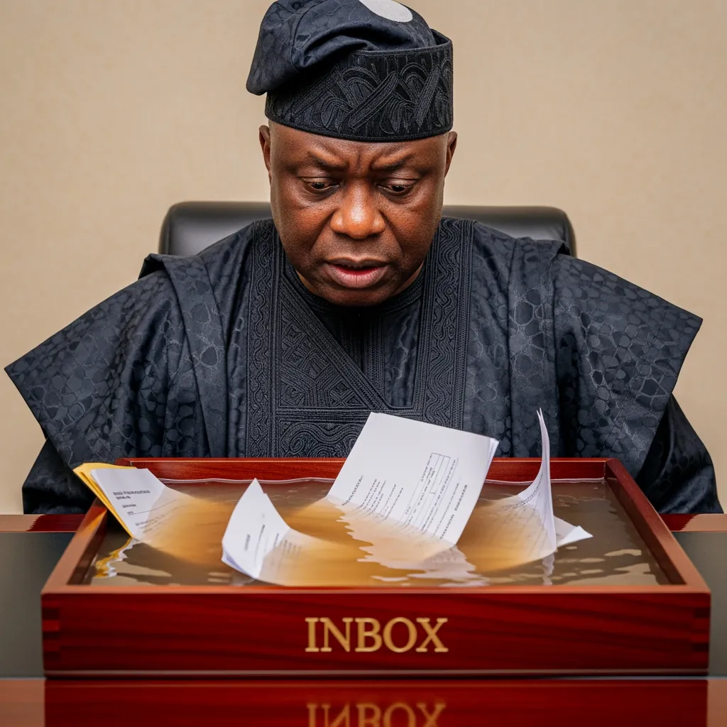 A close-up of a Nigerian official looking at Flood Water in the Governor’s Inbox as official documents float in murky water on his desk.