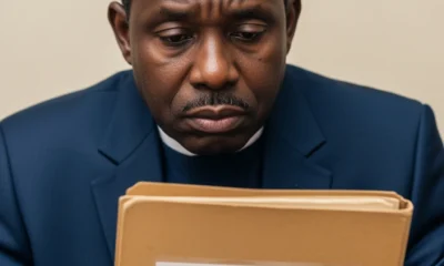 A Nigerian government official in an office holding a thick file folder representing The Scholarship That Never Left Asaba.