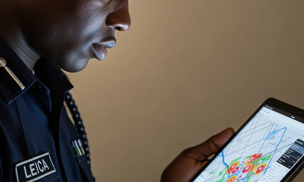 A Nigerian police officer analyzing a heat map on a tablet, showing how digital maps help police identify crime spots.