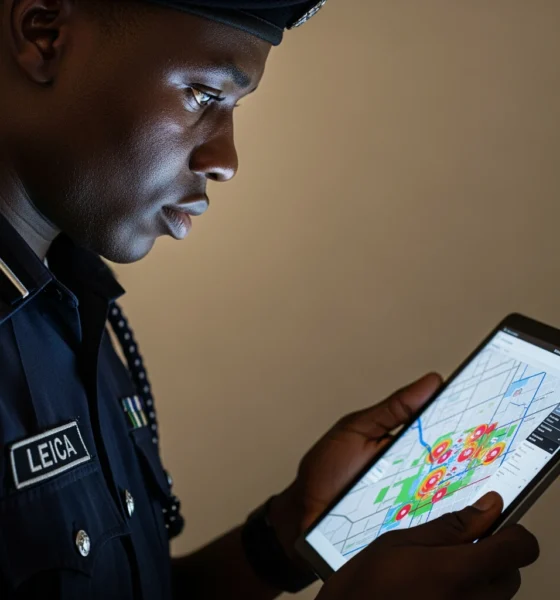 A Nigerian police officer analyzing a heat map on a tablet, showing how digital maps help police identify crime spots.