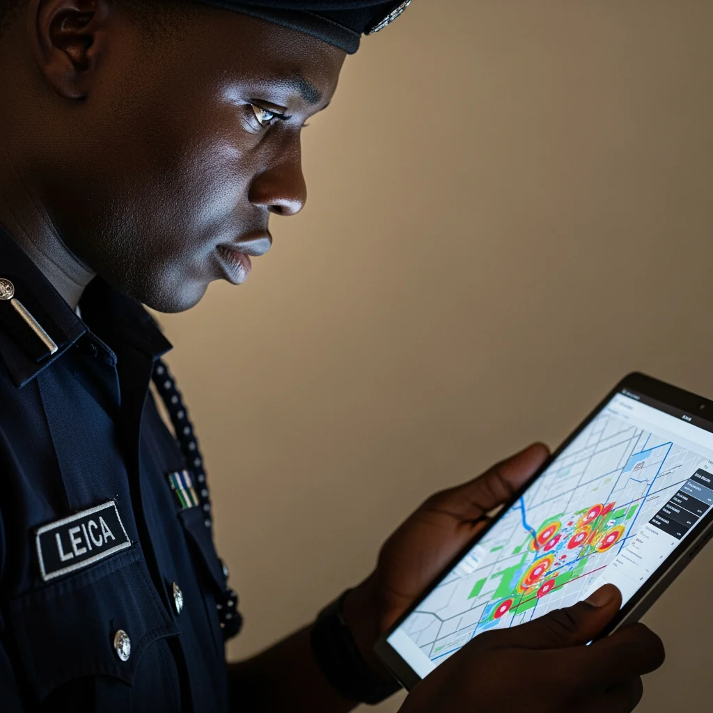 A Nigerian police officer analyzing a heat map on a tablet, showing how digital maps help police identify crime spots.