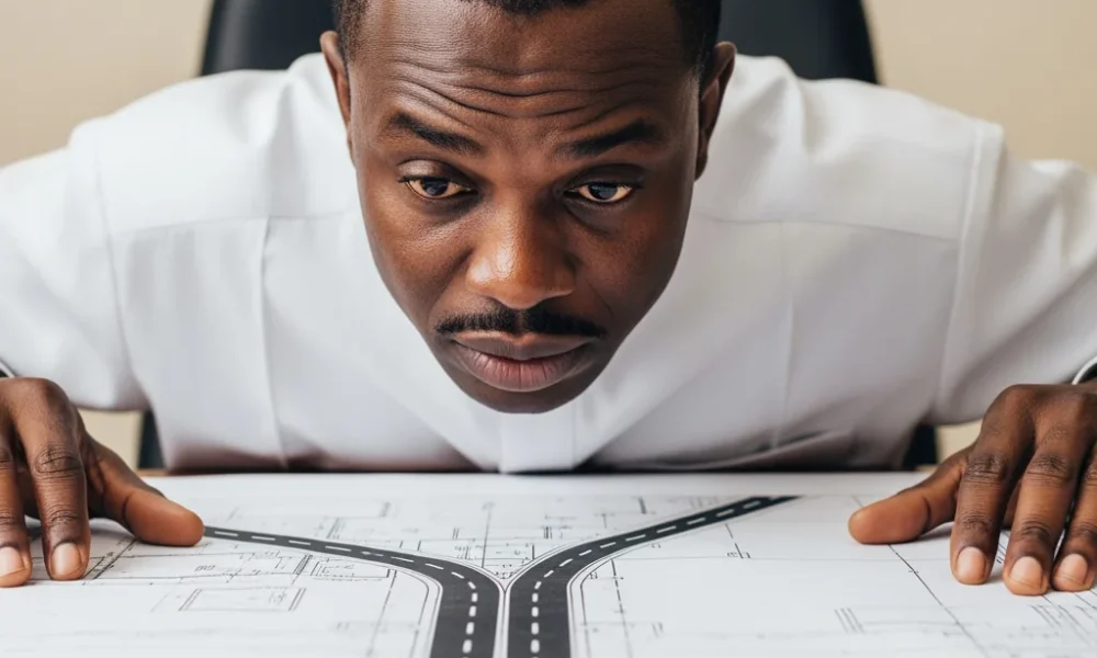 A Nigerian civil servant looks closely at an infrastructure blueprint depicting a road that exists only on paper, highlighting the gap between planning and reality.