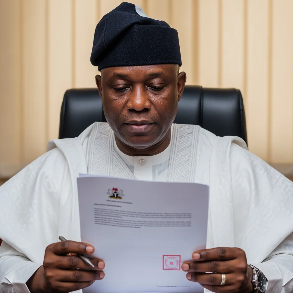 A close-up of a Nigerian administrator holding a stamped legal document, symbolizing the Wise Path Straight State Law in a professional setting.