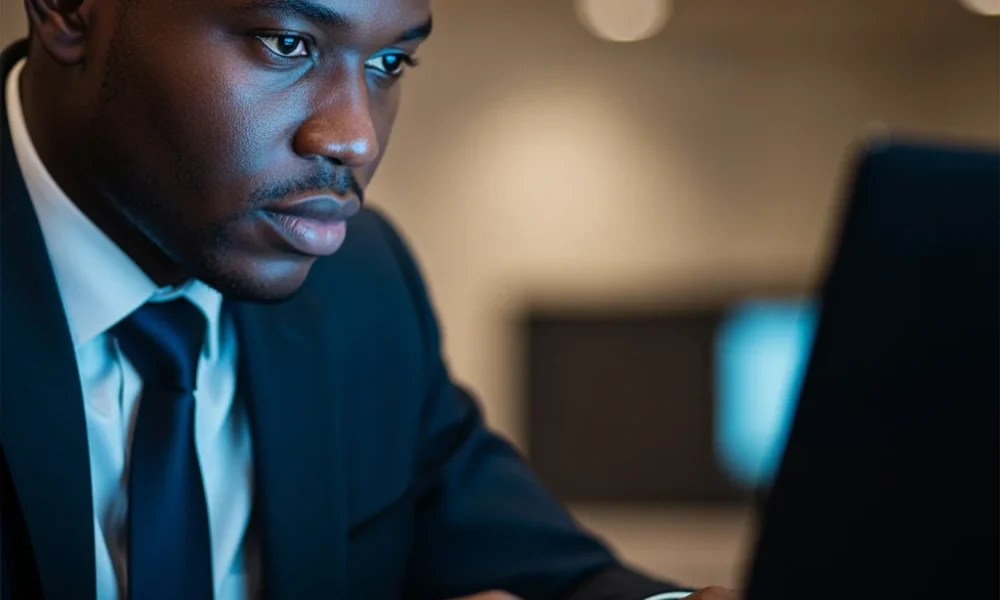 A focused Nigerian cybersecurity specialist working on a laptop, illustrating the process of Protecting State Secrets from internet thieves.