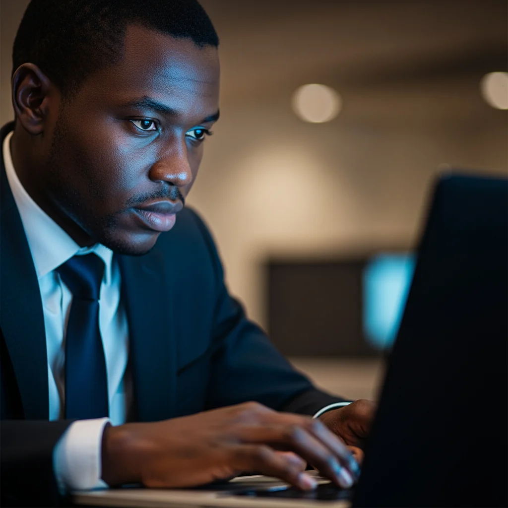 A focused Nigerian cybersecurity specialist working on a laptop, illustrating the process of Protecting State Secrets from internet thieves.