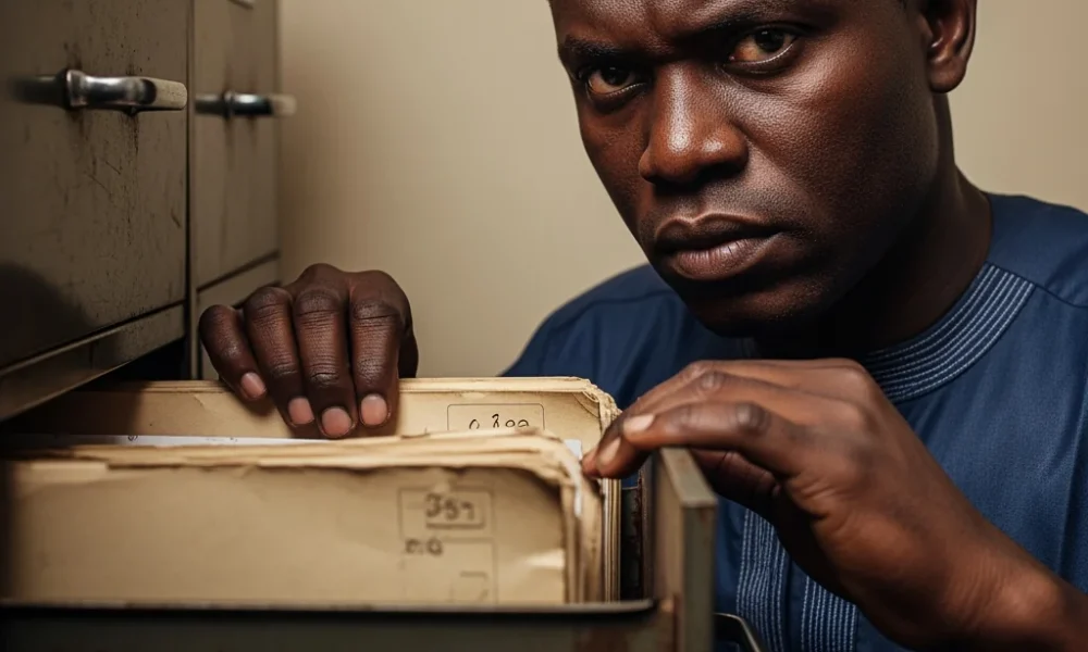 A solemn Nigerian clerk sliding a secret file into a metal cabinet, representing The Clerk Who Buried the Truth.
