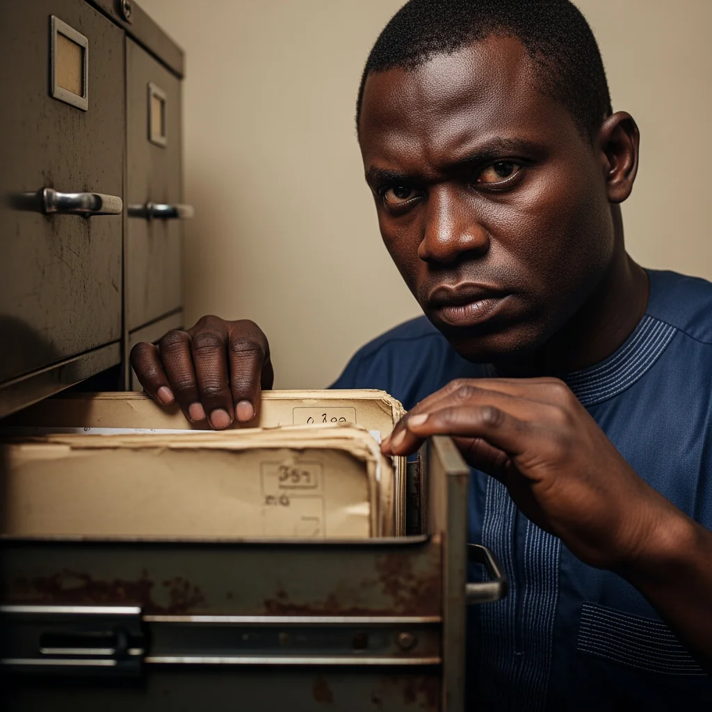 A solemn Nigerian clerk sliding a secret file into a metal cabinet, representing The Clerk Who Buried the Truth.