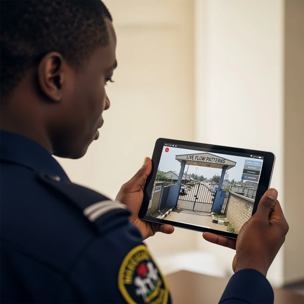 A focused security supervisor using cameras to watch markets by monitoring a live digital feed on a tablet to manage trade center flow.