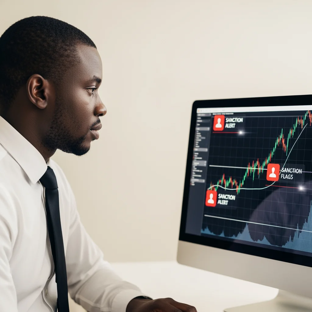 A banker monitoring financial charts and alert icons on a screen.