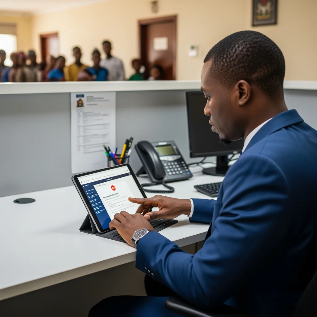 A Nigerian government official responding to a notification on digital citizen engagement platforms for states from a modern office.
