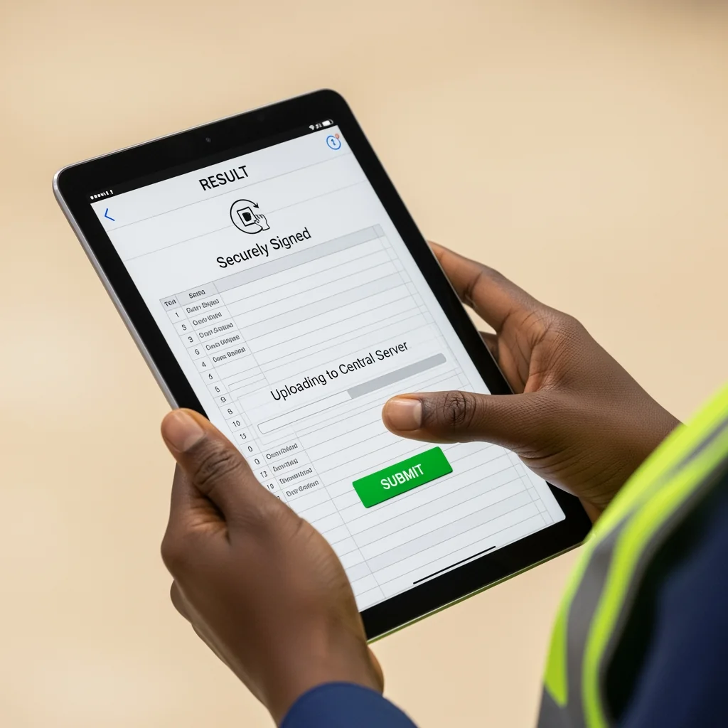 A Nigerian election official uploading unit results via a tablet for secure electronic voting in Nigeria.