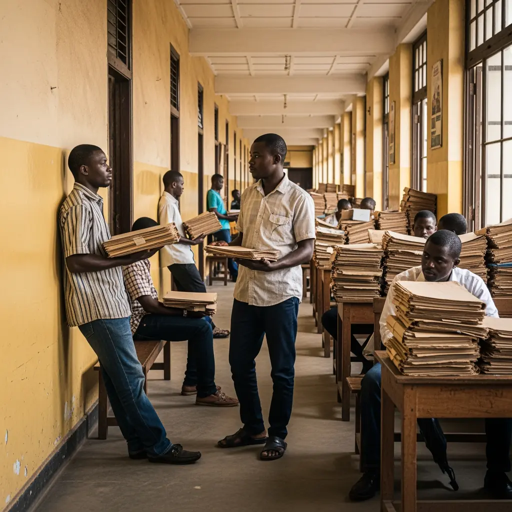 A hallway in a Nigerian Secretariat with messengers leaning against yellow walls and stacks of old paper files, illustrating the traditional processes that mobile apps for public infrastructure reporting aim to complement.