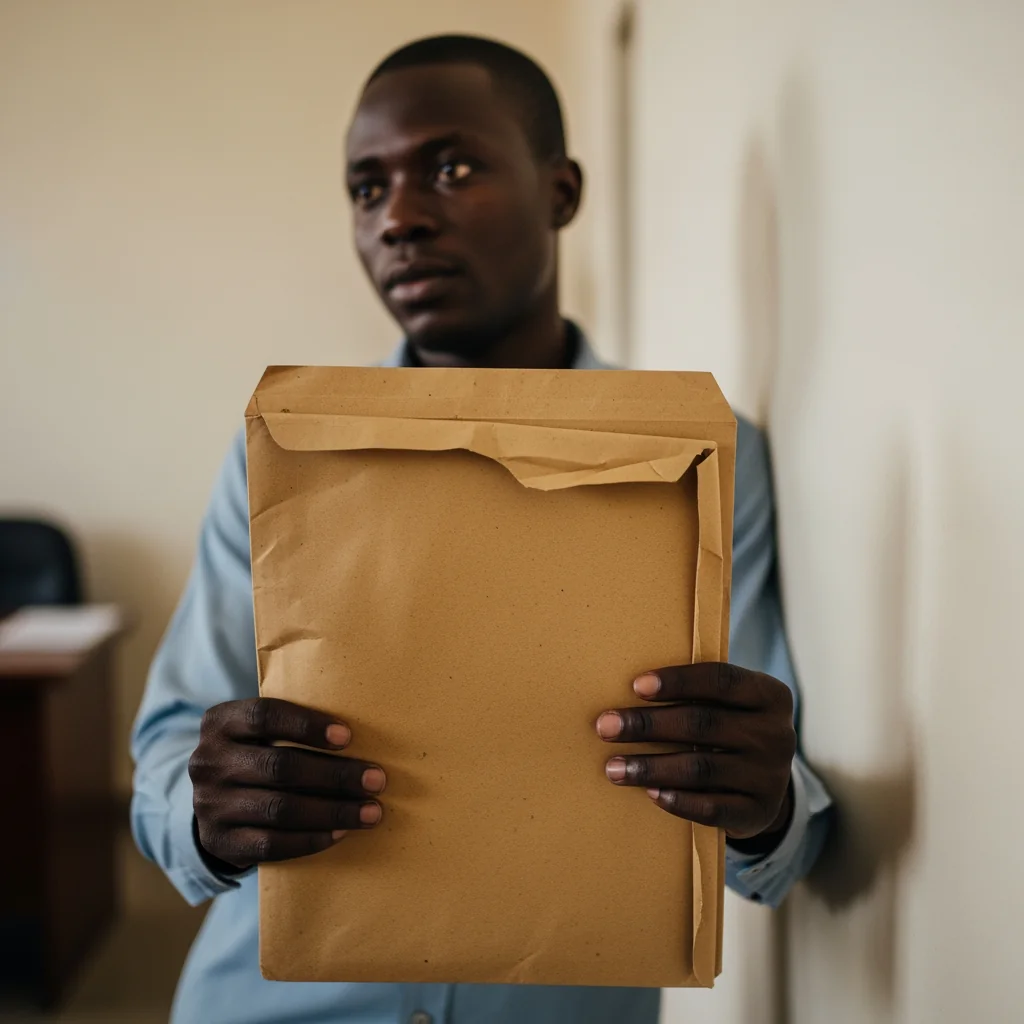 A close-up of a messenger holding a brown envelope in a government office, illustrating the manual processes that change when Digital Records Stop Money Leakage.
