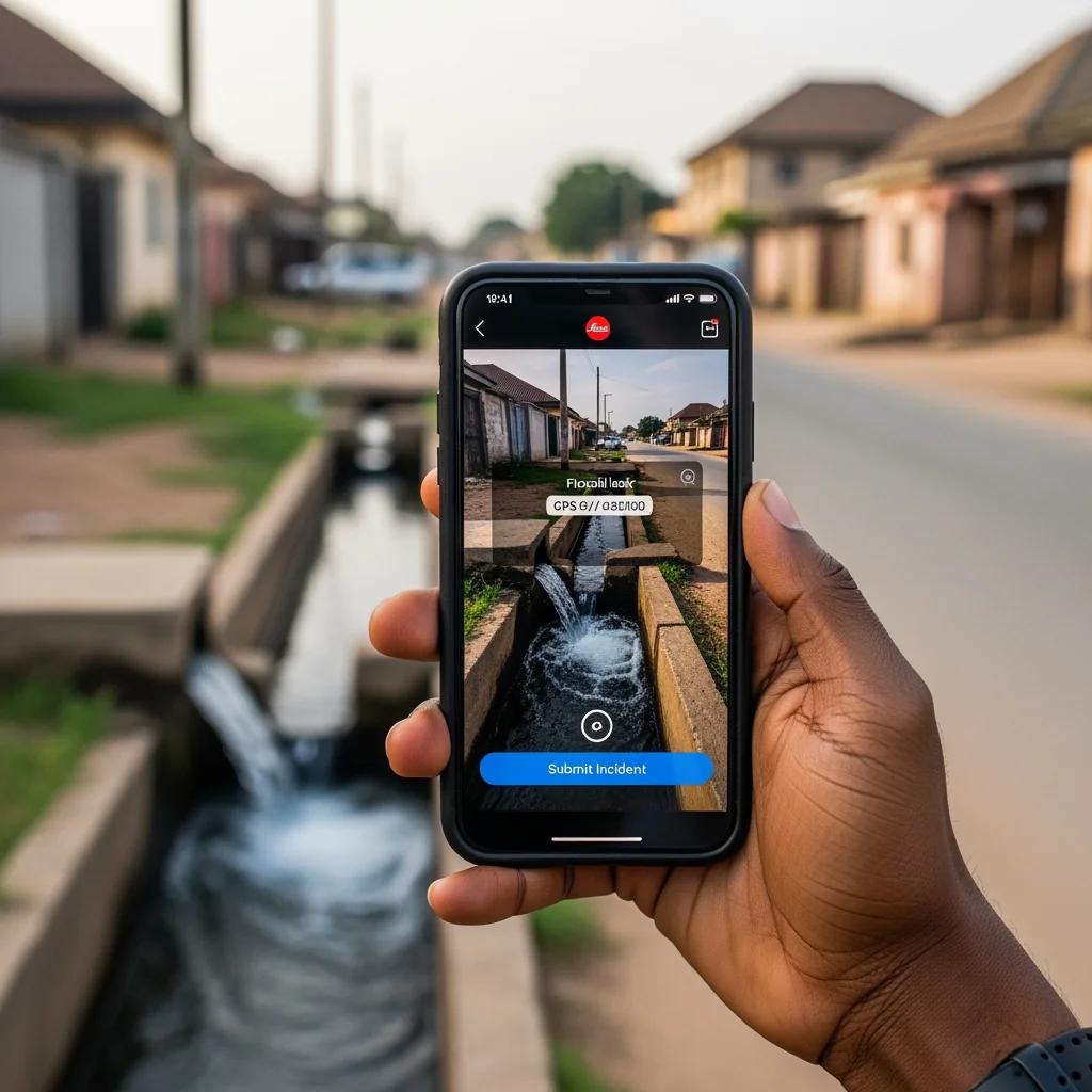 A close-up of a person using mobile apps for public infrastructure reporting to document a burst water pipe on a Nigerian street, illustrating the prevention of financial and water loss.