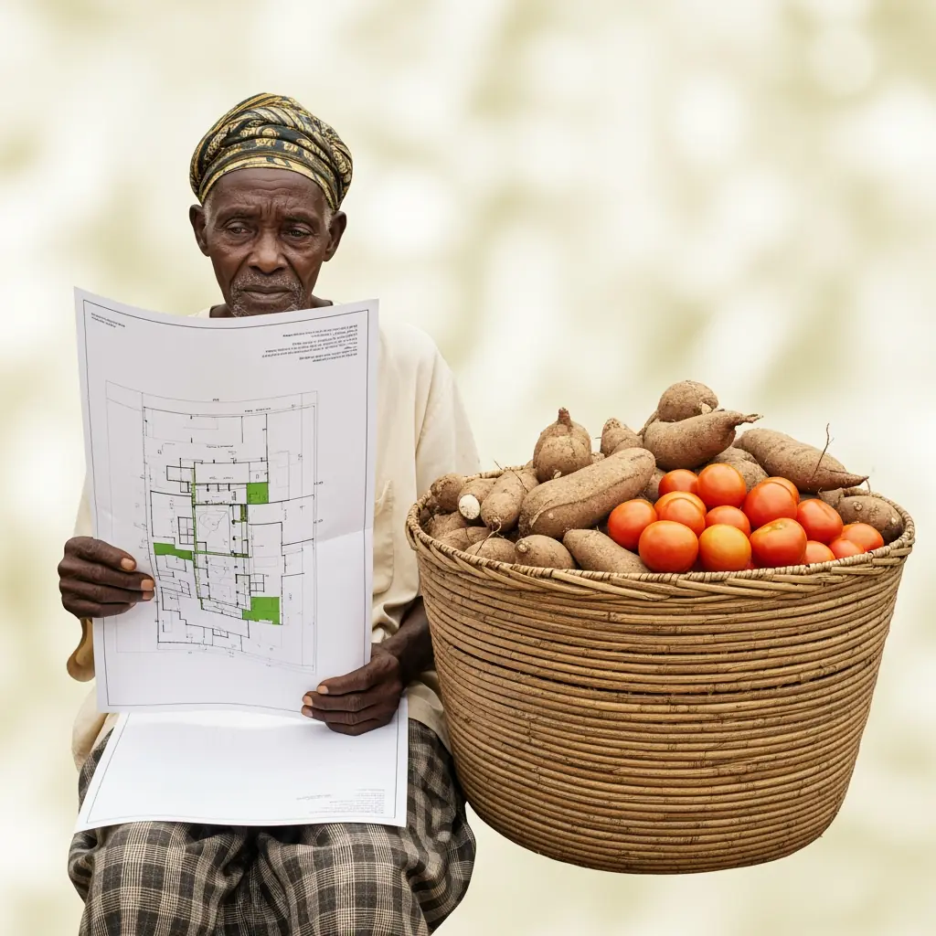 A Nigerian farmer holding an official blueprint next to a basket of unsold crops, representing the economic impact of a road that exists only on paper.