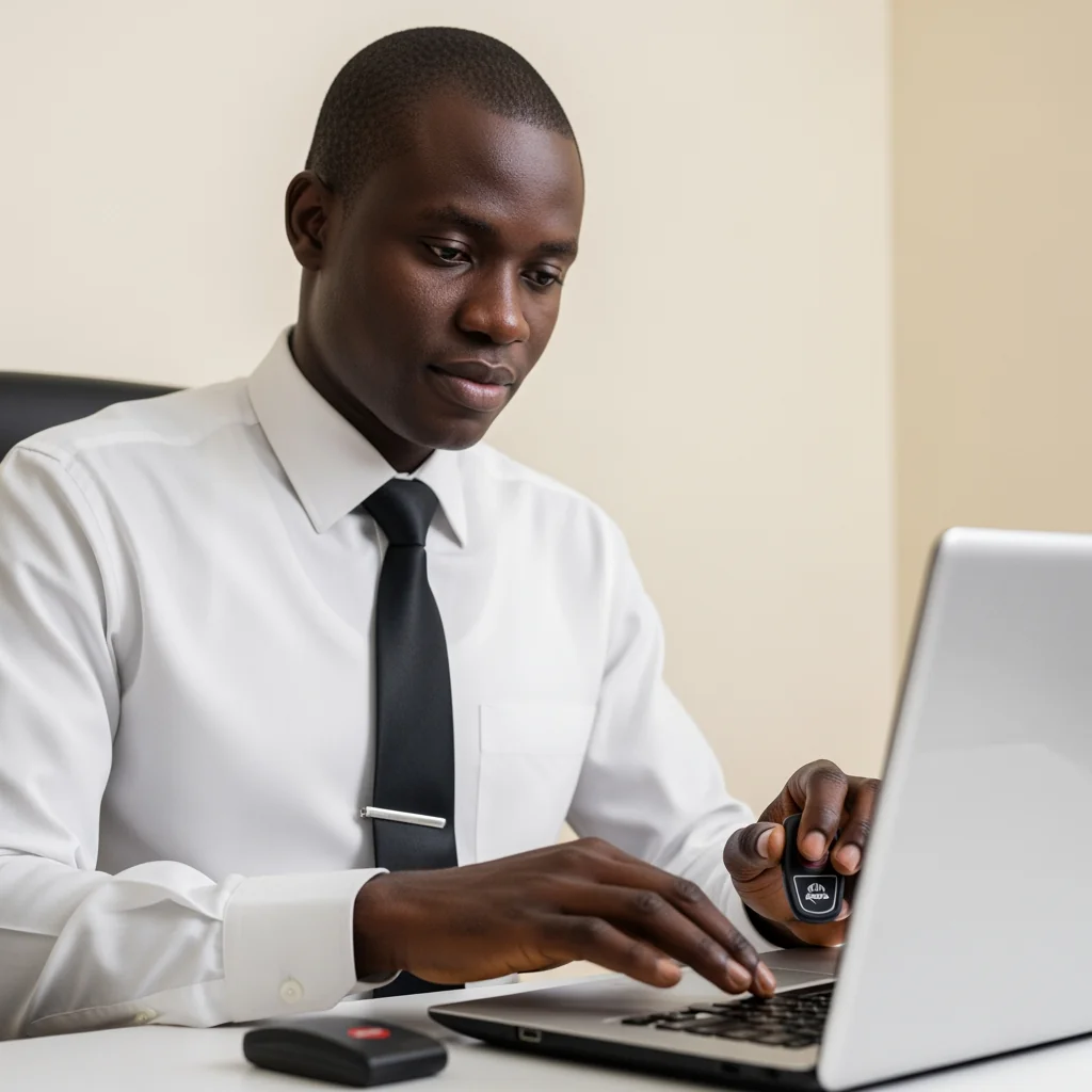 A focused Nigerian security official carefully securing a laptop to assist in Protecting State Secrets from digital intrusion.