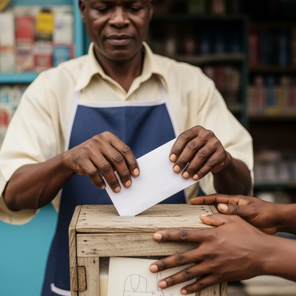A local business owner drops a donation envelope into a collection box to help repair the power grid when the transformer blew in July.