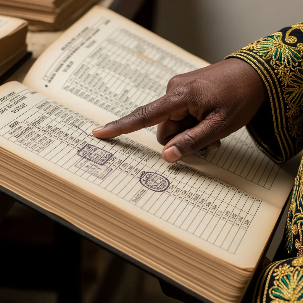 A registration officer reviewing a voter ledger that requires updating.
