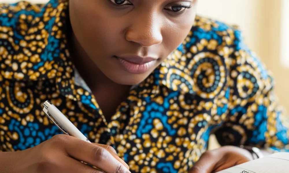 A focused Nigerian female investigator examining a staff payroll ledger to identify ghost workers in the primary school.
