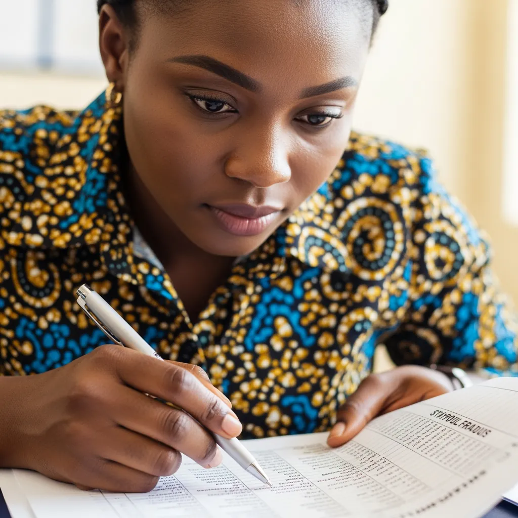 A focused Nigerian female investigator examining a staff payroll ledger to identify ghost workers in the primary school.