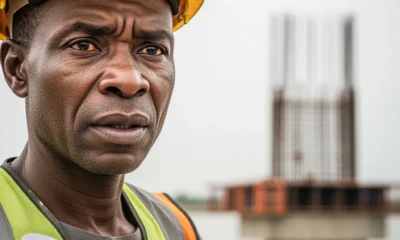 A close-up portrait of a Nigerian contractor in a hardhat standing before a stalled project, representing The Contractor and the Half-Built Bridge.