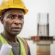 A close-up portrait of a Nigerian contractor in a hardhat standing before a stalled project, representing The Contractor and the Half-Built Bridge.